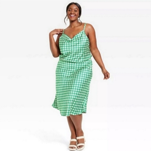 Ava & Viv Sleeveless Satin Green Geometric Dress Women's Size 1X - Picture 1 of 6